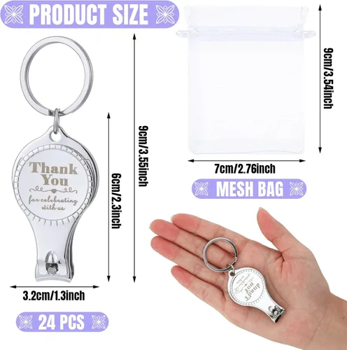 Vista 2 de Kanayu Llavero con clip de uñas, abrebotellas, regalo de boda a granel con cordón blanco, bolsa de organza para baby shower, regalo de fiesta