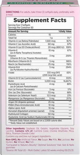 Vista 8 de Nature's Bounty Cabello, Piel y Uñas Avanzado, Suplemento Vitamínico con Infusión de Argán con Biotina y Ácido Hialurónico, 150 Cápsulas Blandas