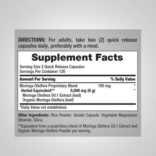 Vista 2 de Piping Rock Moringa Oleifera Suplemento 240 Cápsulas Extracto de hoja de alta potencia Fórmula sin OMG y sin gluten