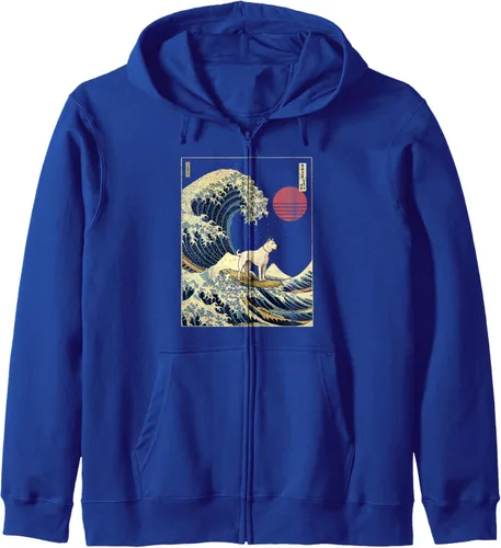 Vista 4 de Dogo Argentino - Sudadera con capucha japonesa Kanagawa Wave Funny Surf Dog, Negro