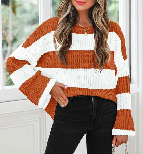 Vista 16 de ZESICA Suéter tejido sin botones de manga larga y cuello redondo, a rayas, bloques de color, cómodo, holgado, talla extragrande para mujer de 2024
