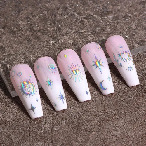 Vista 8 de 12pcs Aurora Plata Estrella Luna Nail Art Pegatinas 3D para las Mujeres Oro Rosa Sol Corazón Calcomanías de Diseño Láser Suministros