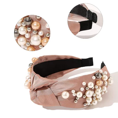 Vista 2 de Ivyu Diademas - Diademas de perlas anudadas para mujer de moda, accesorios para el cabello, bandas para el cabello para niñas, antideslizantes, a