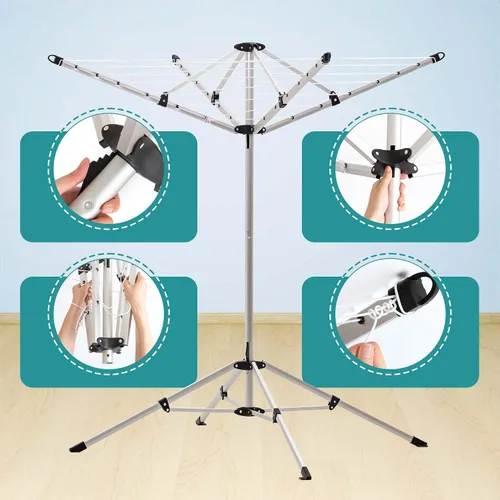 Vista 5 de JS HANGER Estante de secado de ropa portátil para interiores y exteriores con 4 brazos giratorios para perchas, 4 patas, paraguas plegable, secadora