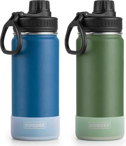 Vista 17 de Koodee Paquete de 2 botellas de agua, de 12 onzas, acero inoxidable, con aislamiento al vacío, con tapa de boquilla a prueba de fugas, color verde