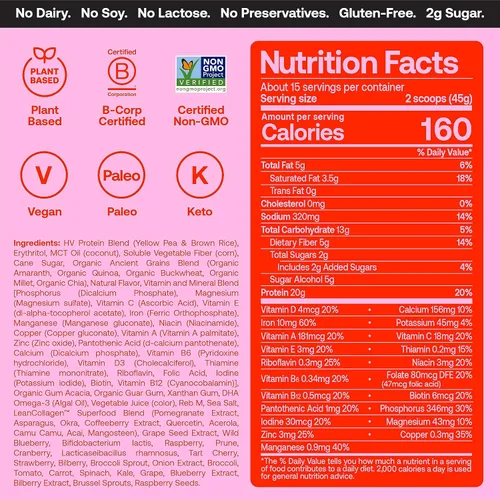 Vista 6 de Happy Viking Chocolate y fresa en polvo, por Venus Williams, 0.71 oz de proteína, bajo en carbohidratos, keto, vegano, sin gluten, superalimentos