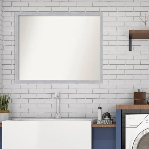 Vista 5 de Amanti Art Silver Bathroom Mirror for Over Sink, 26x32 Custom Made Grace Brushed Nickel Narrow Rectangle Vanity Mirror, Large Modern Wood Frame