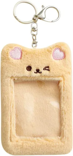 Vista 10 de JUMISEE Lindo soporte de tarjeta de fotos Kpop de felpa con llavero, funda de foto de oso de dibujos animados, protector de tarjeta de crédito