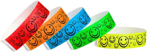 Vista 8 de 200 pulseras Tyvek de Wristco con cara sonriente azul neón para eventos, ¾ x 10 pulgadas, impermeables, reciclables, cómodas, resistentes a