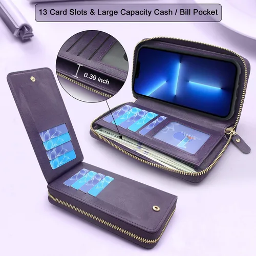 Vista 3 de Compatible con iPhone 13 Pro Max de 6.7 pulgadas 2021, cadena cruzada con doble cremallera, desmontable, magnética, de piel, para muñeca, 13 ranuras