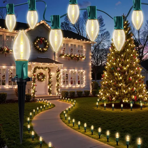 Vista 8 de Brightown Luces de Navidad C9 C9 para exteriores, 25.7 pies, fresa, C9, luces de camino de Navidad con 20 bombillas LED y estacas, decoraciones