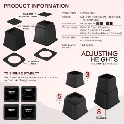 Vista 5 de Utopia Bedding - Elevadores de cama ajustables de 3, 5, 8 pulgadas - Juego de 4 elevadores de muebles resistentes para camas, sofá y escritorio