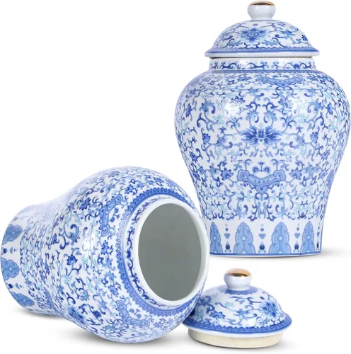 Vista 10 de XINGYAN Chinoiserie - Juego de 3 tarros de jengibre, porcelana china azul y blanca, tarro de almacenamiento decorativo para el hogar con tapa