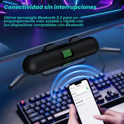 Vista 5 de BESTISAN Altavoz para computadora, conexión Bluetooth 5.3/USB con cable A/C, 6 modos de luz RGB, barra de sonido