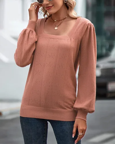 Vista 2 de Suéter de manga larga abombada para mujer, suave cuello en V, cuello cuadrado, suéter de punto vintage, suéteres de otoño para mujer