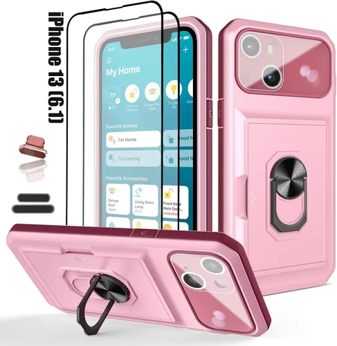 Vista 8 de Funda tipo cartera para iPhone 13, ranura para tarjeta de crédito, diseño portátil, resistente de doble capa acolchada de goma protectora