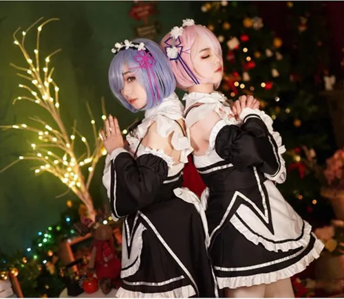 Vista 3 de FMMOEK Disfraz de Re Zero para mujer disfraz de sirvienta de anime capa de media oreja vestido blanco