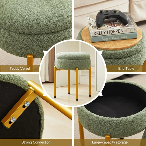 Vista 5 de Taburete de tocador con almacenamiento, taburete de maquillaje multifuncional y mesa auxiliar de terciopelo de peluche, sillas de almacenamiento
