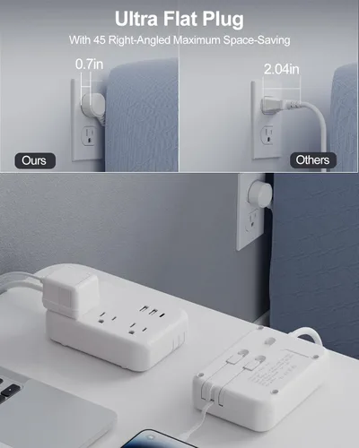 Vista 4 de Regleta de alimentación de viaje con 3 cables integrados, cable de extensión de enchufe plano con 3 tomas, 6 puertos USB, cable de extensión plano