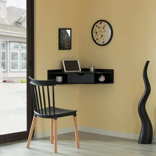 Vista 2 de Basicwise Mesa de oficina montada en la pared en forma de corazón negro con cajón y dos estantes Escritorio de esquina de escritura para computadora