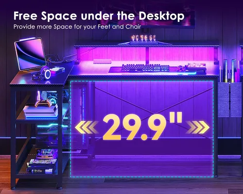 Vista 4 de ODK Escritorio para juegos de 40 pulgadas con tomas de alimentación USB y luces LED, escritorio reversible en forma de L con estantes
