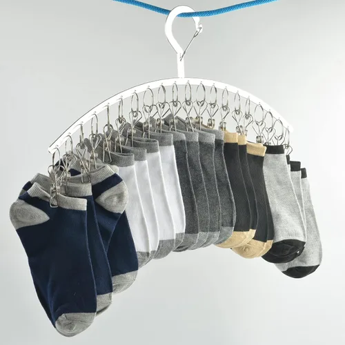 Vista 5 de JDYOOMI Paquete de 2 perchas de acero inoxidable para secar ropa a prueba de viento con 20 clips para secar calcetines, toallas, pañales