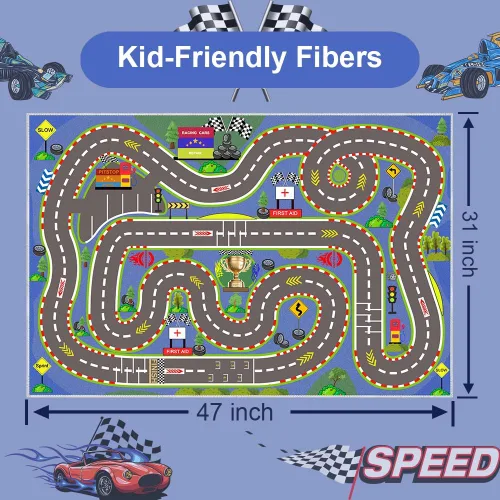Vista 2 de Alfombra para Niños, Alfombras de Tapete de Juego de Pista de Carreras 47×31 pulgadas, Alfombra para Niños con Respaldo de Goma, Línea de Salida