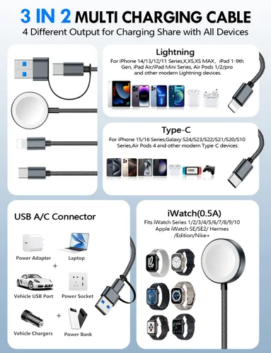 Vista 2 de Esenciales de viaje para cargador de Apple Watch, cargador de iPhone, cable de carga múltiple 3 en 2, tipo C, Lightning/cable magnético de carga