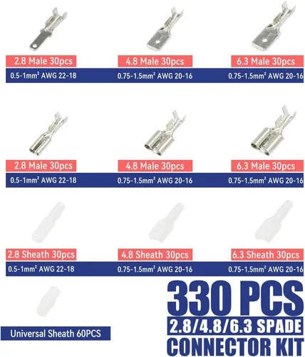Vista 2 de Kit de herramientas de crimpado de cable de terminal de barril abierto con 330 piezas macho hembra 0.110 in 0.189 in 0.248 in Kit de espada - 24-16