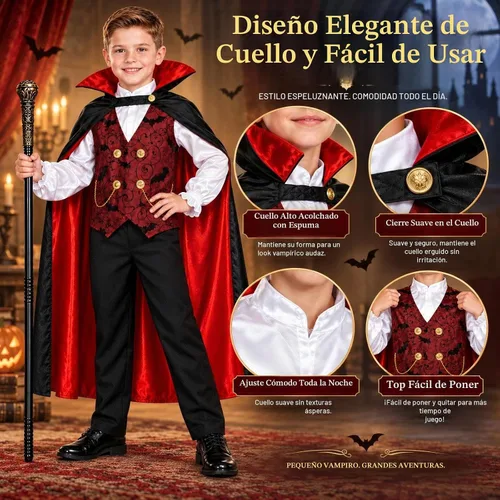 Vista 4 de Doloowee Disfraz de vampiro de Halloween de 4 piezas para niños de 3 a 12