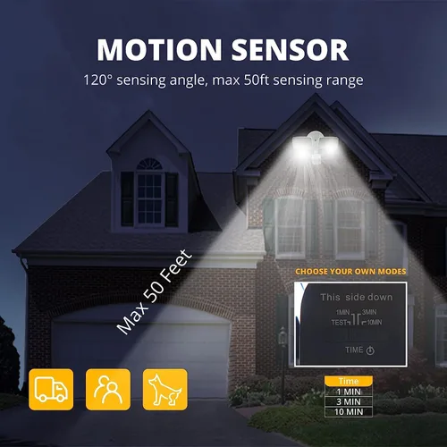 Vista 3 de UME - Luz LED de 19 W con sensor de movimiento para inundación al aire libre, 2 cabezales ajustables, 2000 lm, 5000 K, impermeable IP65, luz de Negro