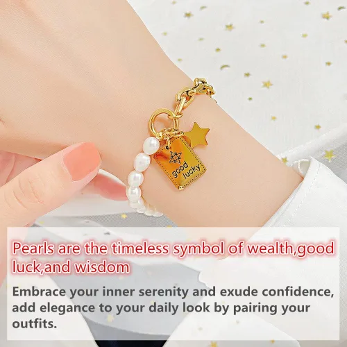 Vista 2 de Pulsera para mujer, delicadas pulseras de perlas, pulseras de perlas con dijes de acero inoxidable