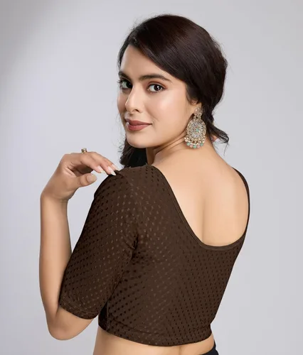 Vista 6 de TRENDMALLS Blusa de sari de algodón puro para mujer, elástica, confeccionada, con mangas hasta el codo, lista para usar