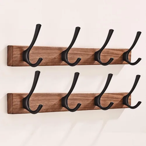 Vista 8 de Perchero de pared pequeño de madera de nogal de 17.3 pulgadas con 4 ganchos, colgador de chaquetas de madera resistente montado en puerta