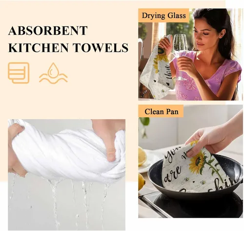 Vista 6 de Toallas de cocina rústicas de girasol, papel de periódico retro marrón rústico de microfibra absorbente para platos de cocina, toalla de baño