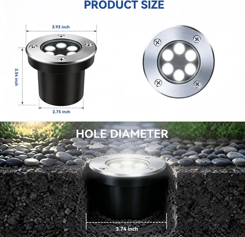 Vista 4 de JESLED Luces de paisaje de bajo voltaje, luces LED de pozo de 6 W IP67 impermeables, 6000 K luces blancas brillantes en el suelo con conectores