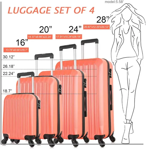 Vista 3 de yotefe Juego de maletas rígidas, equipaje de viaje con ruedas, juego de maleta, maleta giratoria para mujeres y hombres, Naranja, Juego de equipaje