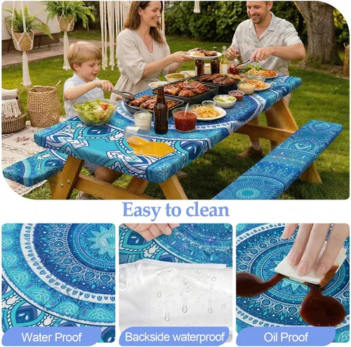 Vista 4 de Funda de mesa de picnic con fundas para bancos Esenciales de camping Mantel de picnic impermeable y a prueba de viento con bolsa de cordón, funda
