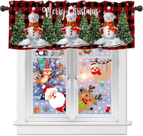 Vista 22 de Cortinas de cocina con muñeco de nieve azul para ventana de baño de cocina