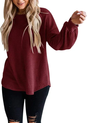 Vista 2 de Merokeety Suéter para mujer con mangas largas globo tejido de punto gofre holgado cuello redondo sin botones