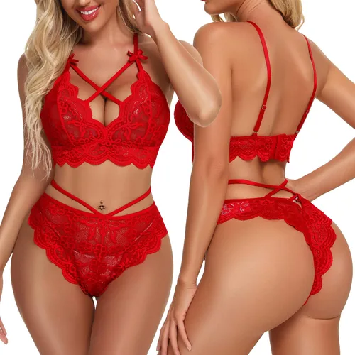 Vista 2 de Conjunto de lencería sexy de brasier y pantaletas con correas finas, de encaje