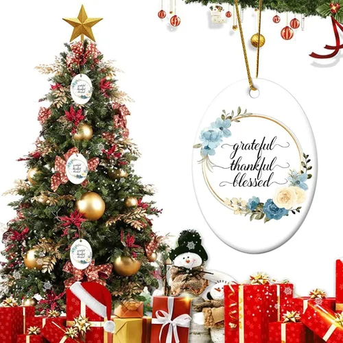 Vista 6 de Adornos de Navidad con cita de corona de flores, adorno ovalado de porcelana de Grateful Thankful Blesed, decoración de árbol de Navidad, regalos