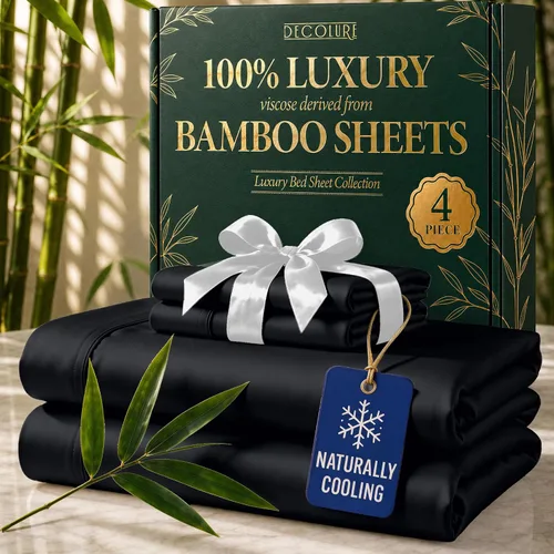 Vista 34 de DECOLURE Sábanas de Viscosa 100% Derivada de Bambú Tamaño Full - Juego de Sábanas de Lujo de 6 Piezas Naturalmente Refrescantes, Ultra Suaves Negro