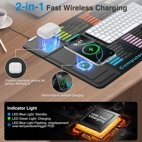 Vista 2 de Wireless Charging Mouse Pad with Foldable Phone Holder, 31.5"x15.8" XXL Excel Cheat Sheet Desk Mat for Laptop/Keyboard, Waterproof Ultra-Smooth