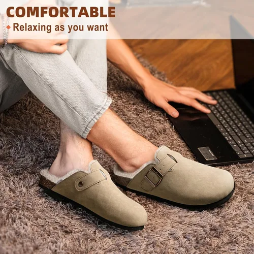 Vista 8 de BULLIANT Zapatillas de los hombres, resbalón en el invierno zapatos para el hogar para los hombres con cojín de corcho y pelo de conejo de fax