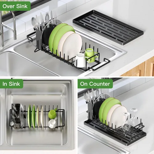 Vista 2 de Estante de secado de platos sobre el fregadero, expandible, pequeño, negro, escurridor para secar para la encimera de la cocina, metal de acero