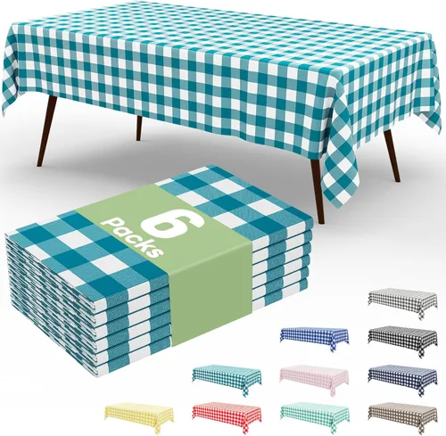 Vista 85 de Smiry Paquete de 3 Manteles Desechables de Cuadros Gingham Color Caqui - 54" x 72" Mantel de Plástico de Servicio Pesado, Cubiertas de Mesa