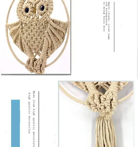 Vista 2 de Búhos atrapasueños de algodón macramé para colgar en la pared del dormitorio de los niños, decoración de pared 22 pulgadas de largo x 11.6 pulgadas