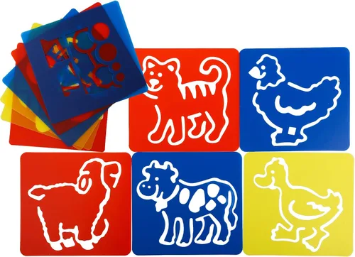Vista 5 de Peohud 36 plantillas para pintar, plantillas de tiza de dibujo coloridas, plantilla lavable con forma primaria temática de animales y vehículos