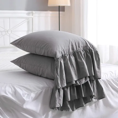 Vista 15 de Fundas de almohada grises con volantes largos de cortinas, fundas de almohada grises de algodón puro, tamaño estándar 20"X26", paquete de 2